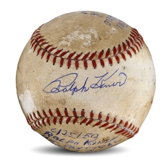 Ralph Kiner Game Used and Autographed Baseball; Hit for Cycle, 6-25-50 (MEARS and JSA)